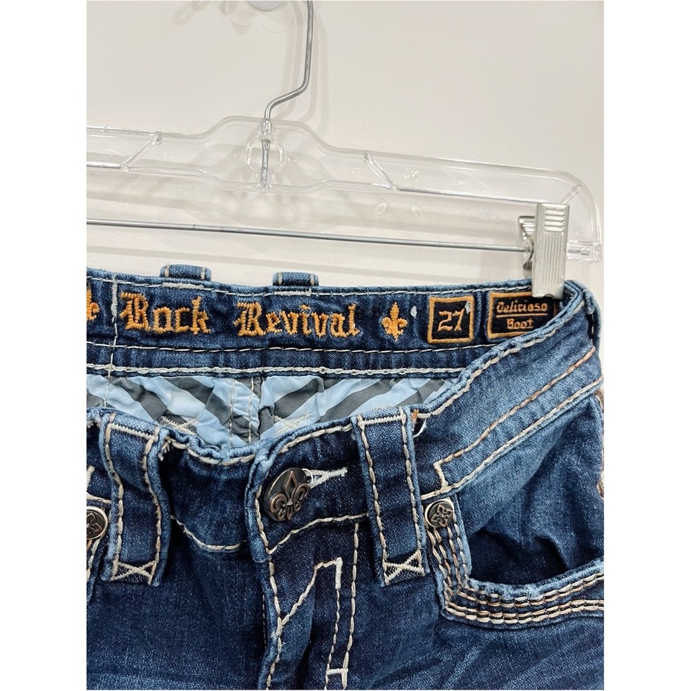 Rock Revival Delicioso Boot Cut Jeans 27x30 Fleur De Lis Embroider Stretch Denim - Picture 12 of 15